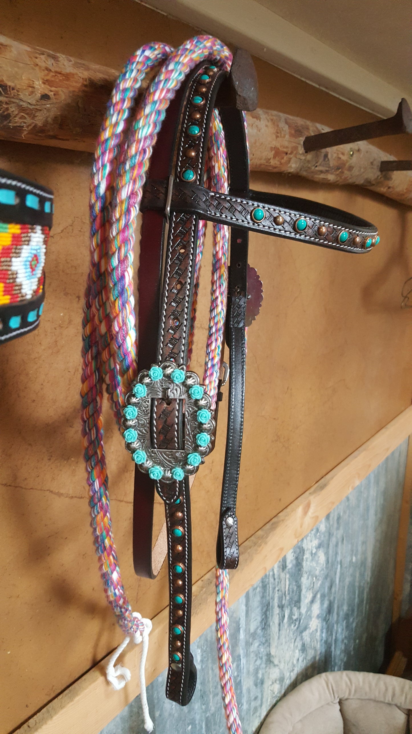 Turquoise and Roses Browband Headstall