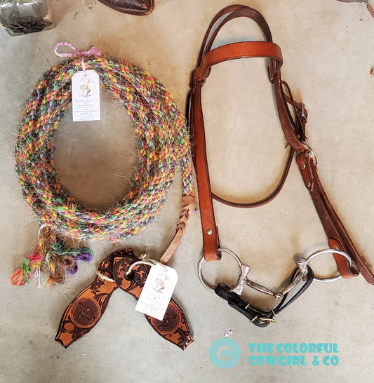 Mecate, Snaffle, Headstall, Slobber Strap Set