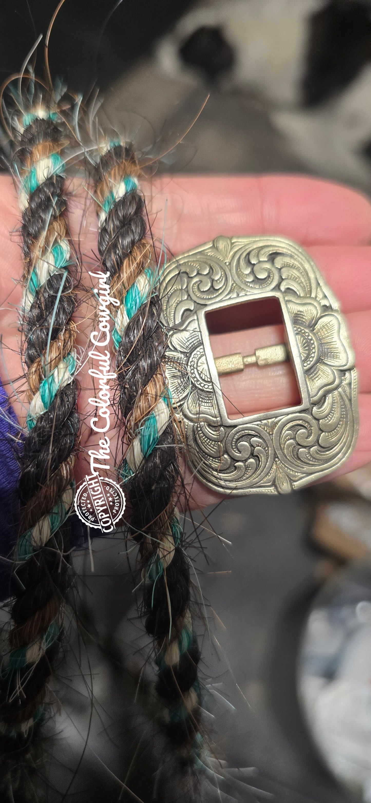 Black, Sorrel, White, Teal Mecate Hatband with Mincer buckle