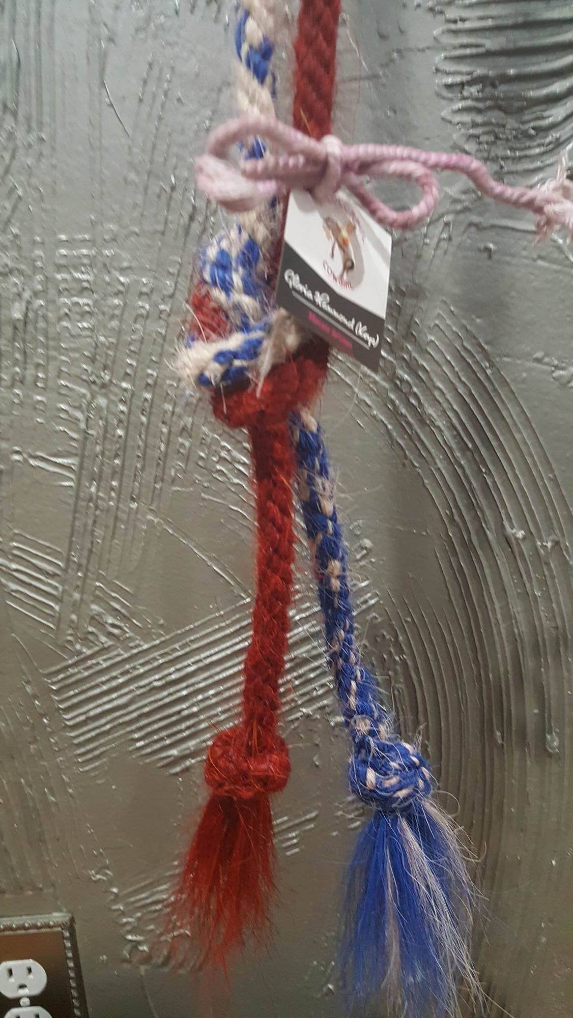 5/8" x 9' mane hair adjustable liberty rein/bridle-less neck rein in red, white, and blue ombre