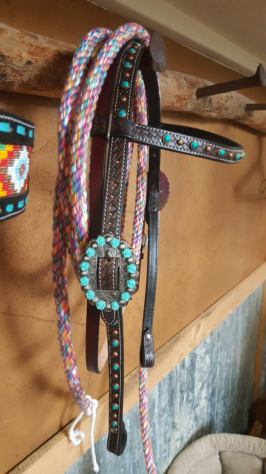 Turquoise and Roses Browband Headstall