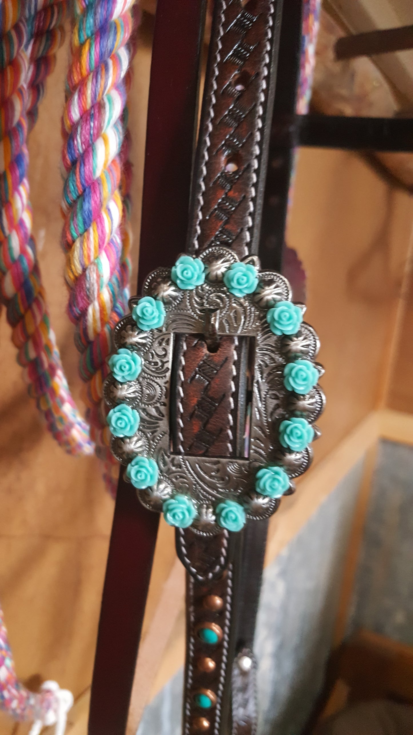 Turquoise and Roses Browband Headstall