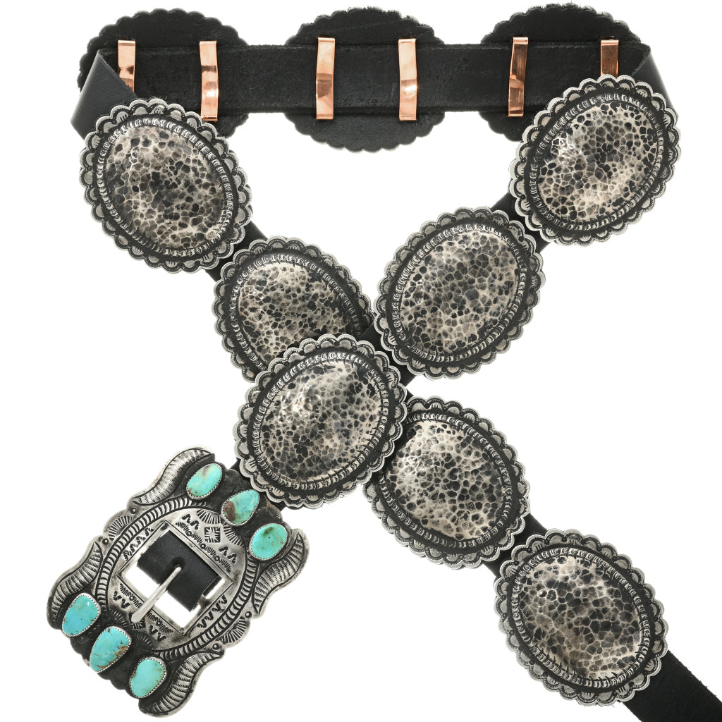 Ol' Santa Fe hammered concho belt with Nevada Turquoise buckle